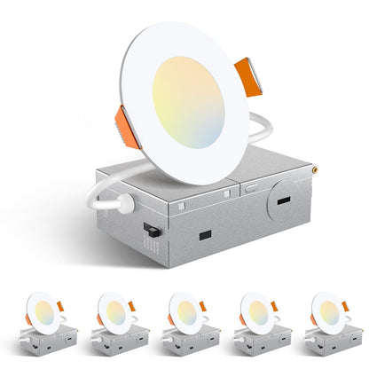 Amico 6 Pack 6 Inch 5CCT Ultra-Thin LED Recessed Ceiling Light with Junction Box, 2700K/3000K/3500K/4000K/5000K Selectable, 12W Eqv 110W 1050LM Brightness Dimmable Canless Wafer Downlight, ETL & FCC