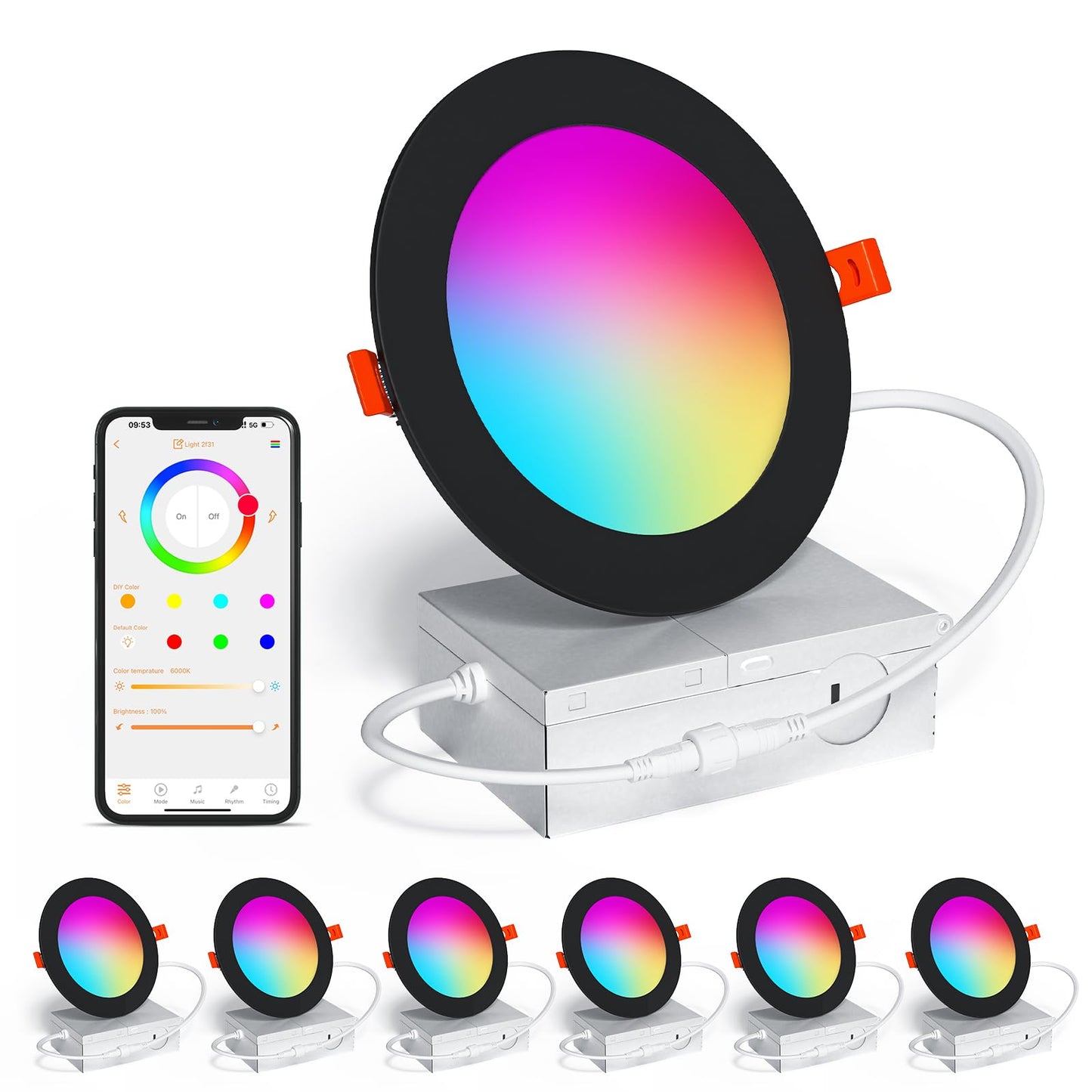 Smart Recessed Lighting 4 Inch RGBCW Color Changing 12W LED Downlight with Junction Box,1000 Lumen Recessed Ceiling Light Compatible with Alexa,Dimmable by Bluetooth Control -12Pack