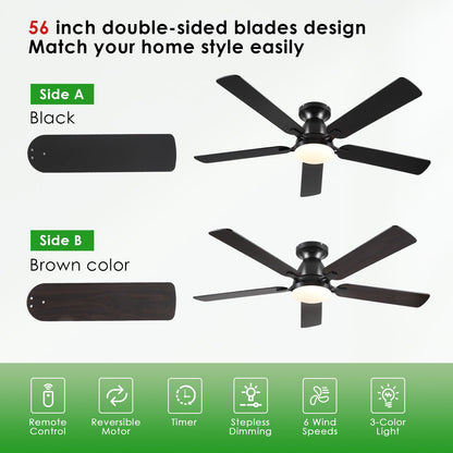 Ceiling Fans with Lights- 52" Low Profile Indoor Ceiling Fan with Light and Remote/APP Control, Flush Mount, LED Dimmable DC Reversible Modern Ceiling Fan for Bedroom（Black）