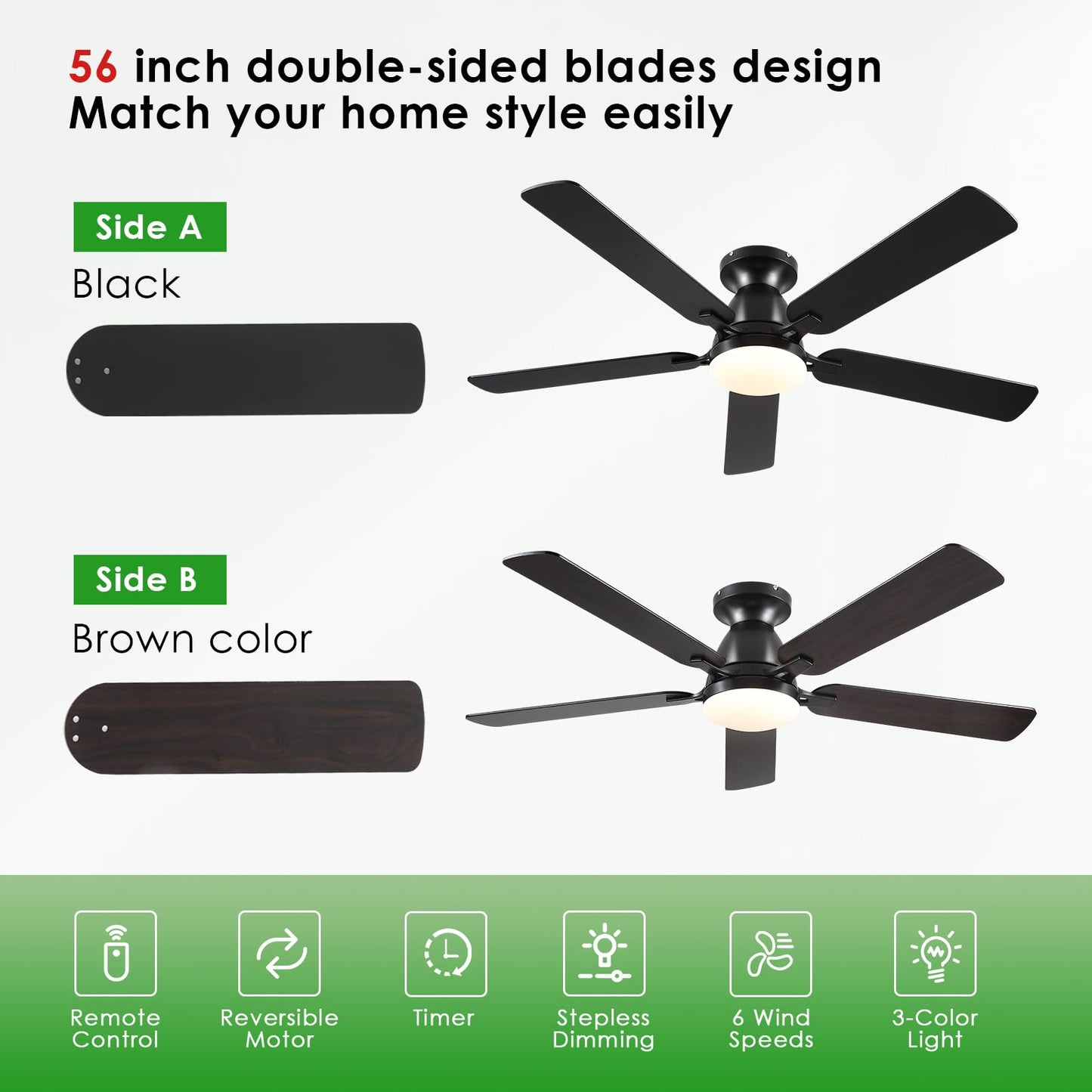 Ceiling Fans with Lights- 46" Low Profile Indoor Ceiling Fan with Light and Remote/APP Control, Flush Mount, LED Dimmable DC Reversible Modern Ceiling Fan for Bedroom（Black）