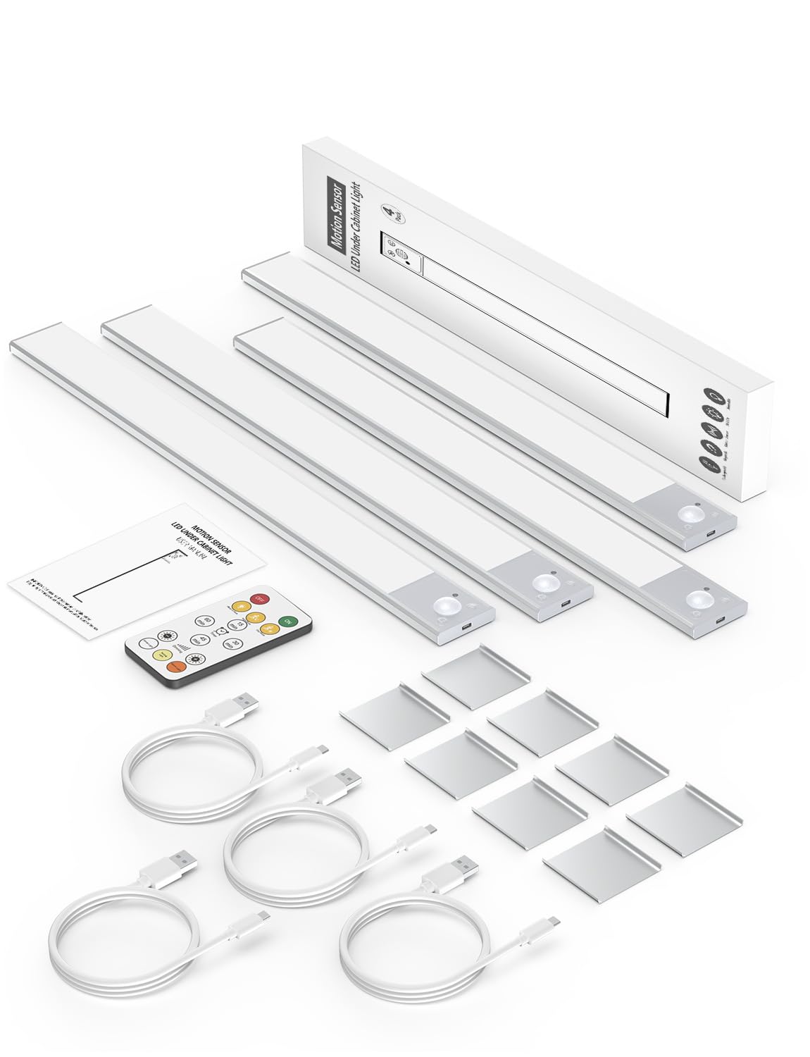 12" Thin Motion-Activated Under Cabinet Lighting, Aluminum Alloy Under Counter Lights for Kitchen, 3-Color-Temps Magnetic Closet Lights, Rechargeable Motion Sensor Light Indoor (4Pack, Silver)