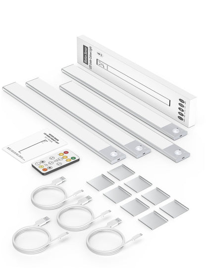 12" Thin Motion-Activated Under Cabinet Lighting, Aluminum Alloy Under Counter Lights for Kitchen, 3-Color-Temps Magnetic Closet Lights, Rechargeable Motion Sensor Light Indoor (4Pack, Silver)