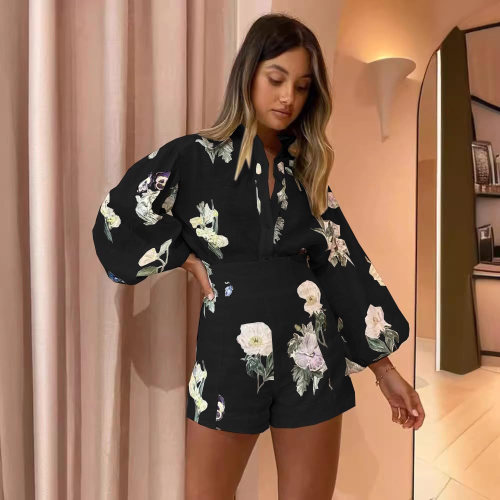 Molilove Womens 2 Piece Outfit Hawaiian Long Sleeve Button Down Shirt and Shorts Tracksuit Lounge Set
