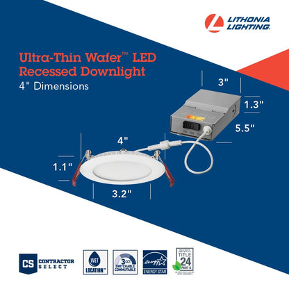 Lithonia Lighting WF4 LED 27K30K35K 90CRI MB M6 Recessed Wafer Downlight with Ultra Thin Round Trim, Color Temperature Selectable, 2700K | 3000K | 3500K, 4-Inch, Matte Black