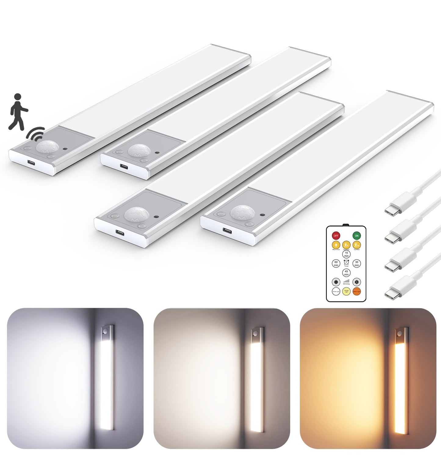 12" Thin Motion-Activated Under Cabinet Lighting, Aluminum Alloy Under Counter Lights for Kitchen, 3-Color-Temps Magnetic Closet Lights, Rechargeable Motion Sensor Light Indoor (4Pack, Silver)
