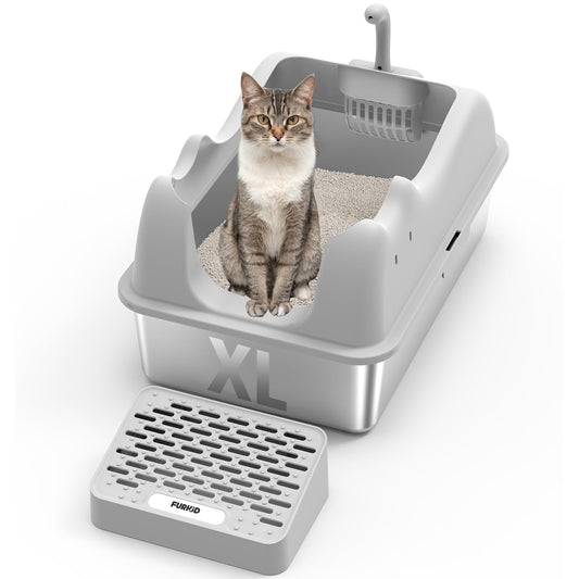 Enclosed Cat Litter Box Stainless Steel with Lid, XL Extra Large Litter Box for Big Cats, Metal High Sided Litter Box with Scoop, Non-Sticky Anti-Leakage Easy Cleaning Gray