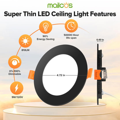 12 Pack 6 Inch 5CCT Ultra-Thin LED Recessed Ceiling Light with Junction Box, 2700K-5000K Selectable, 1050LM High Brightness, Dimmable Canless Wafer Downlight, 12W 120V, ETL