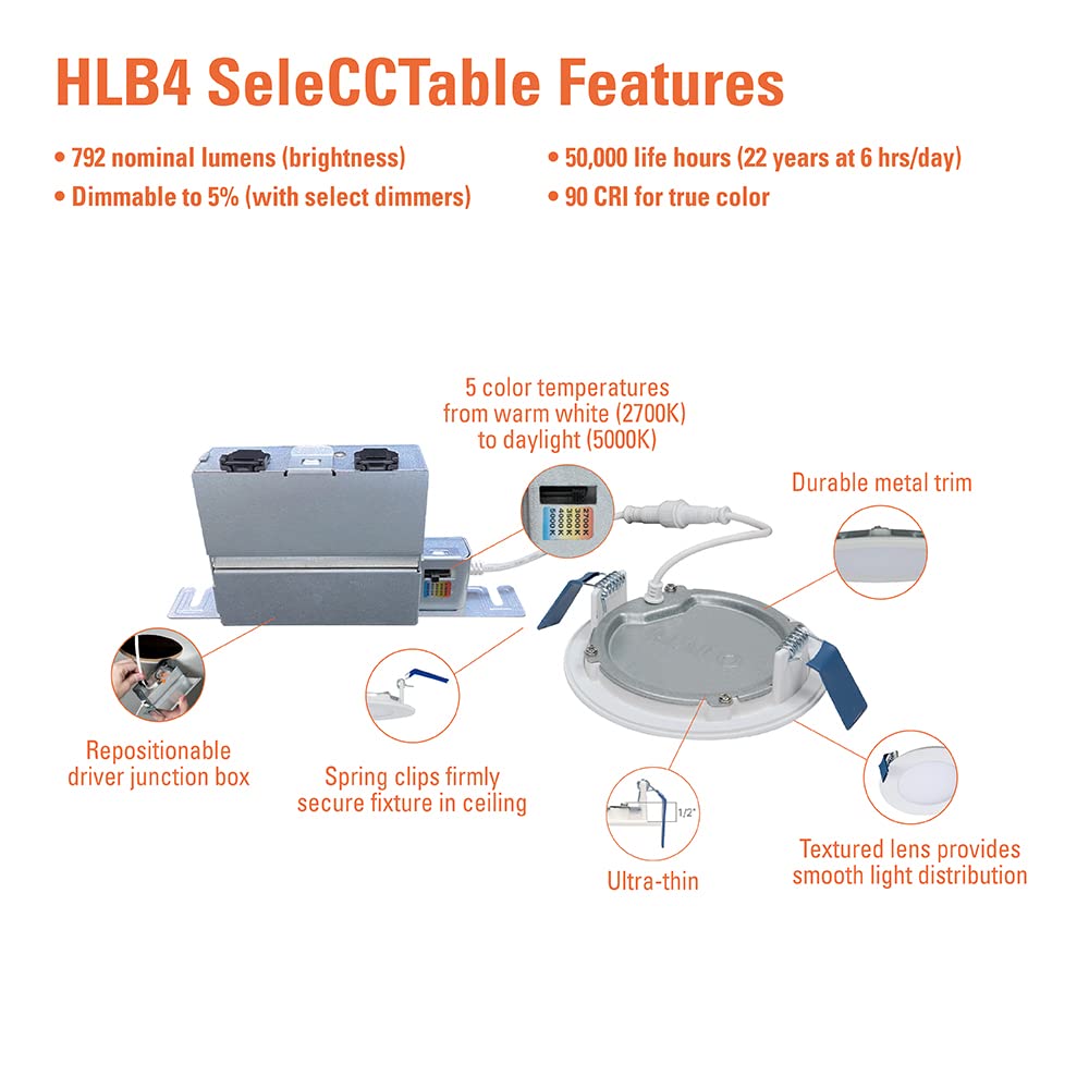 HALO HLB 4-Inch Thin Recessed Indoor/Outdoor Canless LED Downlight w/Selectable Color Temperatures 6-Pack HLB40699FS1EMWR-6PK