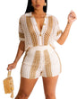 cu4eve Crochet Sets Two Piece Women Summer Causal Knit Short Sleeve Button Down Shirt and Shorts Matching Set Jumpsuit
