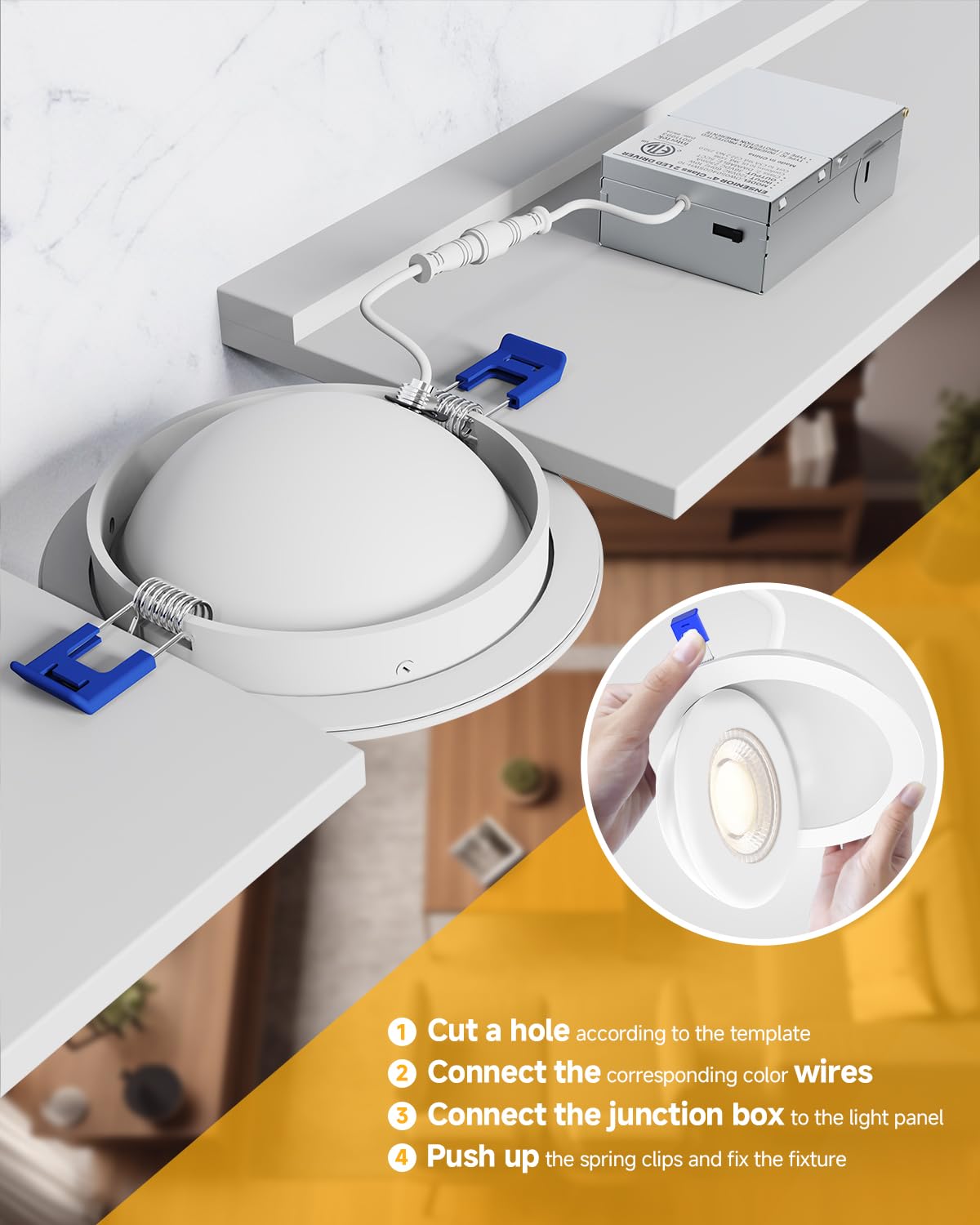 Ensenior 4 Pack 4 inch 5CCT LED Gimbal Led Recessed Light with Junction Box, 360°+90° Adjustable Directional Eyeball Lighting, Dimmable, 2700K/3000K/3500K/4000K/5000K, 950LM, 10W=85W-ETL&FCC