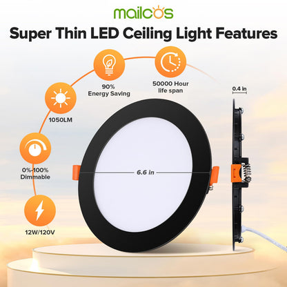 12 Pack 6 Inch 5CCT Ultra-Thin LED Recessed Ceiling Light with Junction Box, 2700K-5000K Selectable, 1050LM High Brightness, Dimmable Canless Wafer Downlight, 12W 120V, ETL