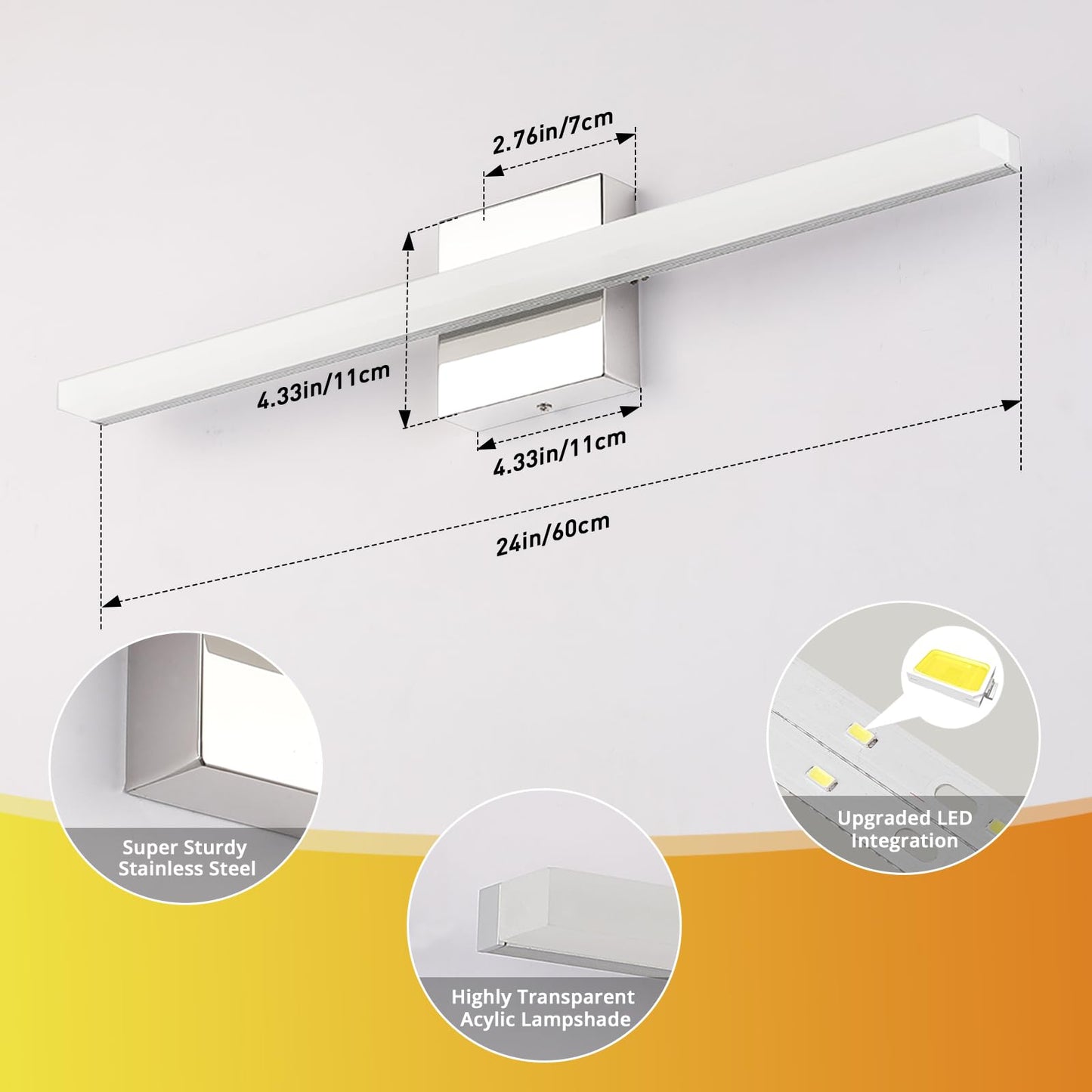 Combuh Modern Bathroom Light Fixtures Over Mirror 16 Inch IP44 9W Chrome Vanity Light Bar for Bathroom Wall Light Fixtures Cool White 6000K