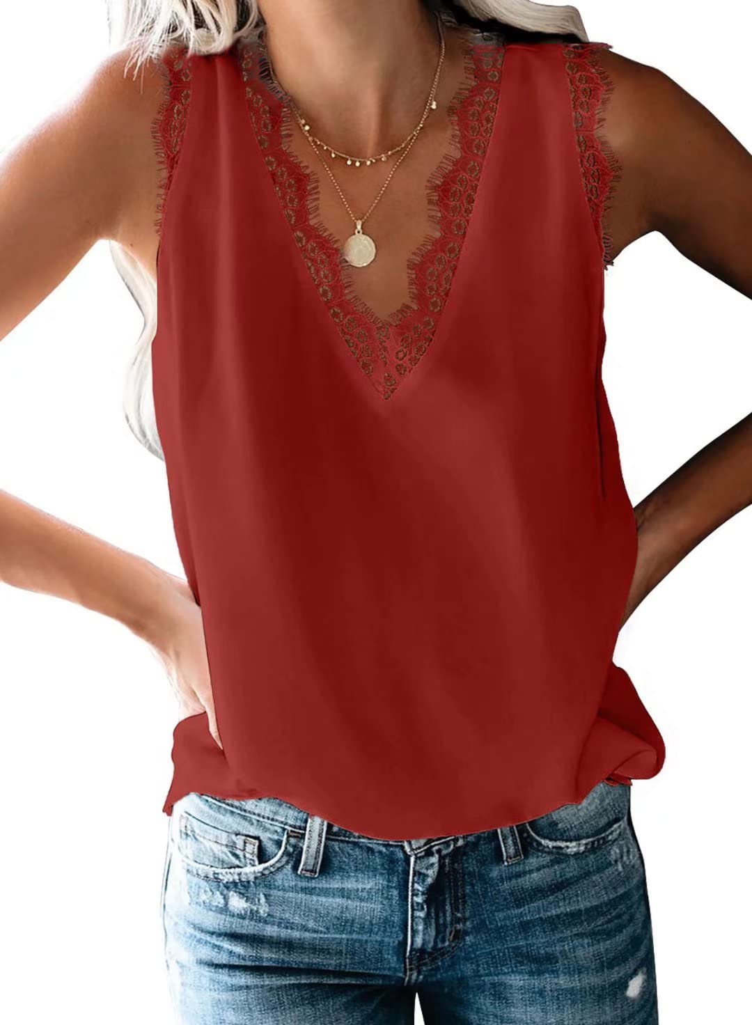BLENCOT Women Tank Tops V Neck Sleeveless Lace Blouse Casual Vest Summer Camisole Shirts