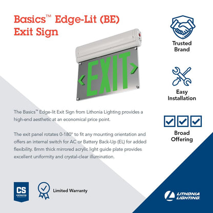 Lithonia Lighting BE W R SM M6 BE Basics Edge-Lit Exit Sign, White with Red Letters, Surface Mount