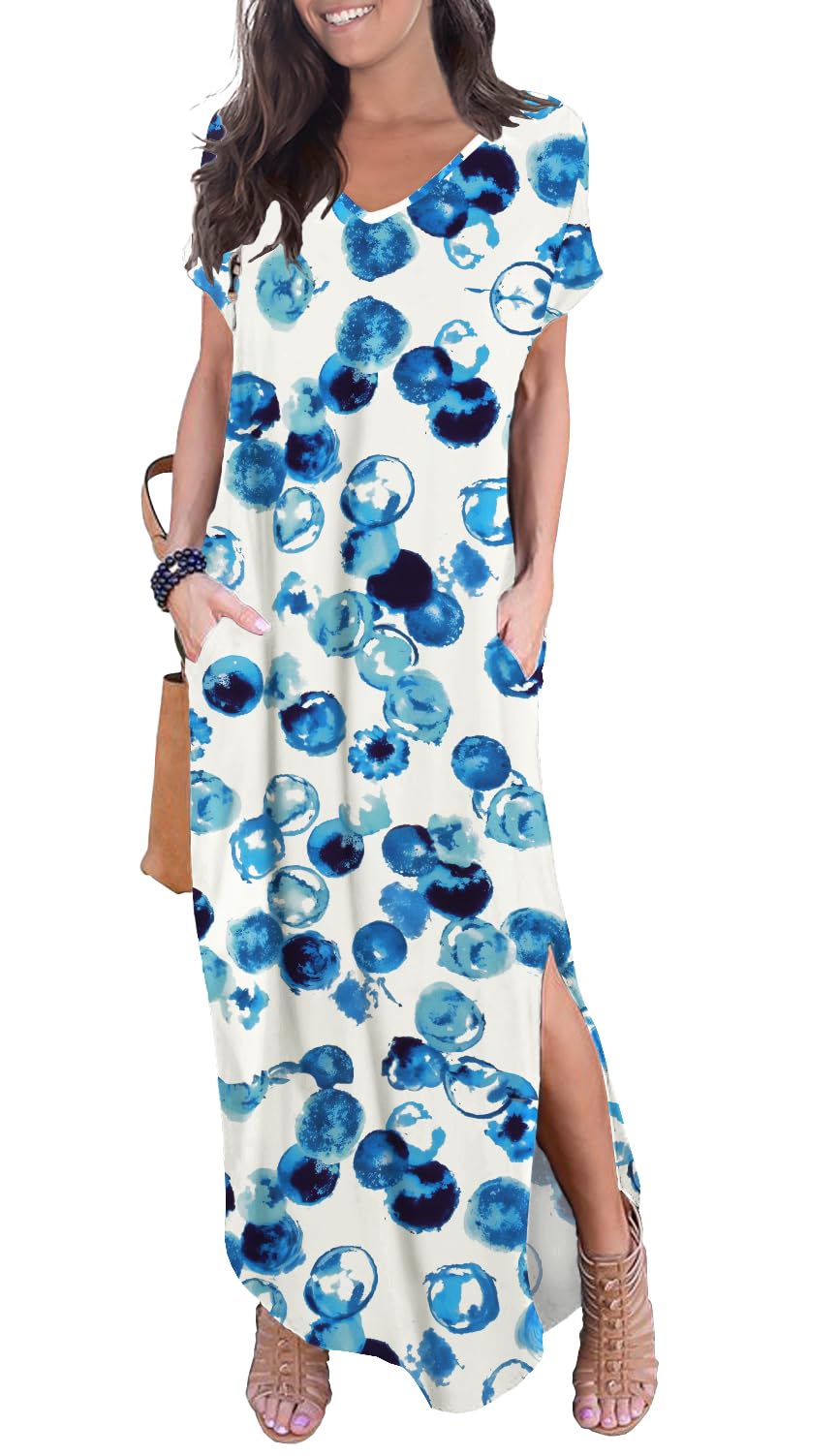 GRECERELLE Women's Casual Loose Pocket Long Dress Short Sleeve Split Maxi Dresses