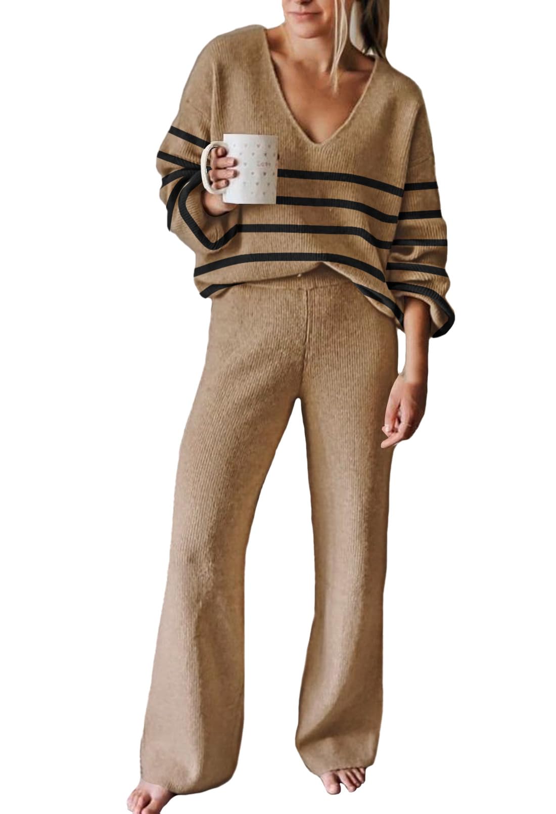 Viottiset Women's 2 Piece Outfits Casual V Neck Knit Wide Leg Sweater Lounge Set Sweatsuit