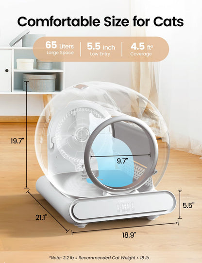 Self Cleaning Cat Litter Box, Ultra-Safe Protection Automatic Cat Litter Box, APP Control/Lower Entry/Large Capacity Cat Litter Box with 3 Rolls Liners & Mat, 65L, Gray
