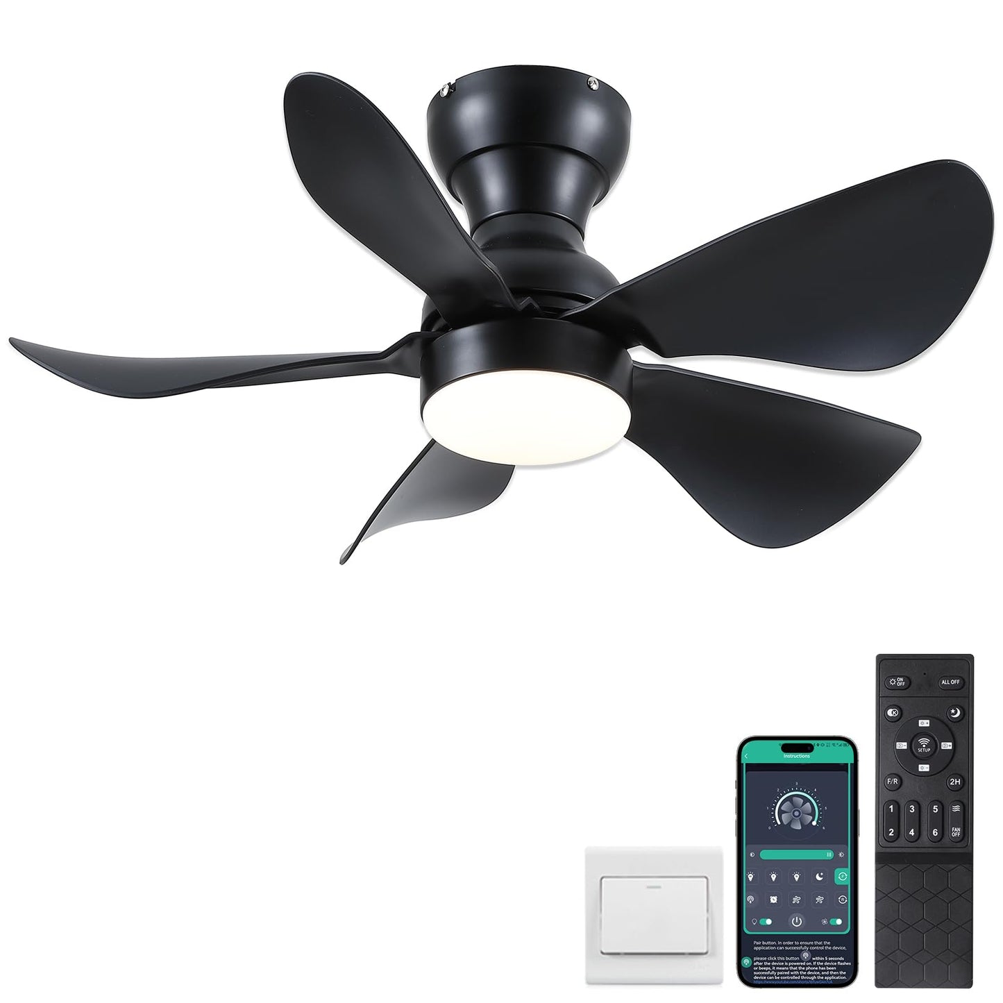 Ceiling Fans with Lights and Remote/APP Control, 30 inch Low Profile Ceiling Fans with 5 Reversible Blades 3 Colors Dimmable 6 Speeds Ceiling Fan for Bedroom Kids Room Dining Room, Black
