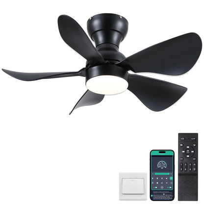 Ceiling Fans with Lights and Remote/APP Control, 30 inch Low Profile Ceiling Fans with 5 Reversible Blades 3 Colors Dimmable 6 Speeds Ceiling Fan for Bedroom Kids Room Dining Room, Black