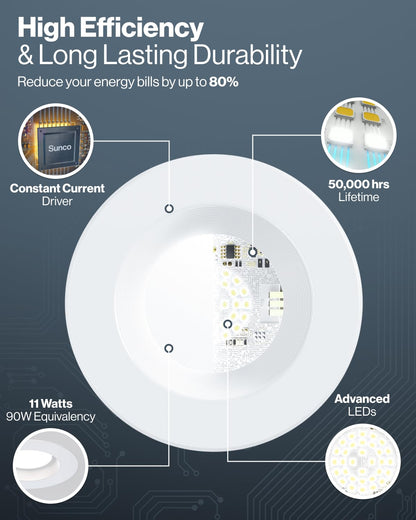 Sunco Recessed Lighting 6 Inch, Retrofit Can Lights, 965LM, 13W (75W Equivalent), Selectable CCT 2700K/3000K/3500K/4000K/5000K, Dimmable, Baffle Trim, Damp Rated UL 4 Pack