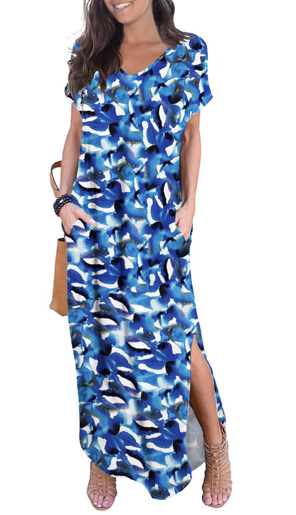 GRECERELLE Women's Casual Loose Pocket Long Dress Short Sleeve Split Maxi Dresses