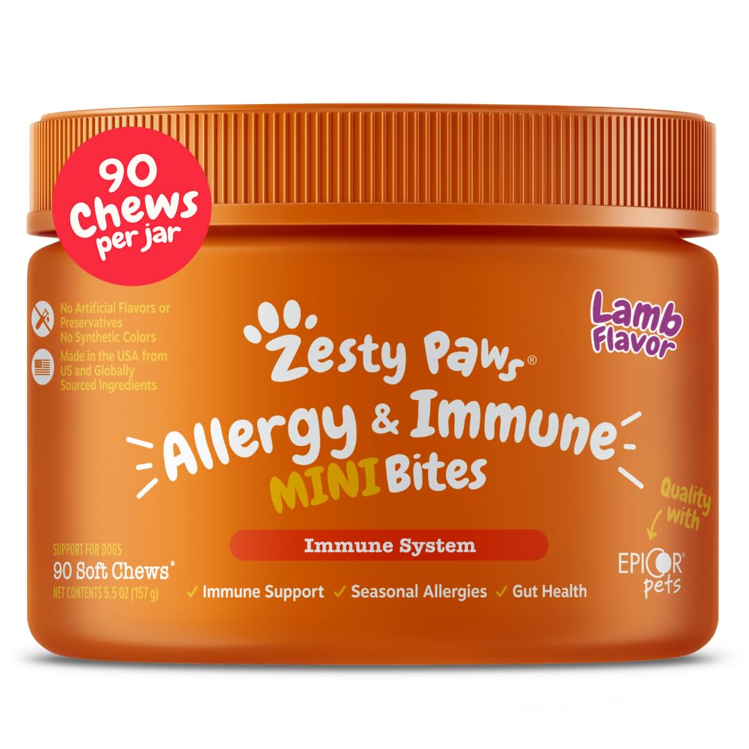 Suplemento inmune a las alergias para perros - Con Omega 3 Aceite de salmón salvaje de Alaska y EpiCor + Prebióticos y probióticos digestivos - Alergias estacionales + Anti picor y puntos calientes Apoyo a la piel - 90 masticables Golosinas