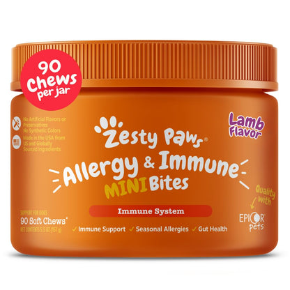 Suplemento inmune a las alergias para perros - Con Omega 3 Aceite de salmón salvaje de Alaska y EpiCor + Prebióticos y probióticos digestivos - Alergias estacionales + Anti picor y puntos calientes Apoyo a la piel - 90 masticables Golosinas