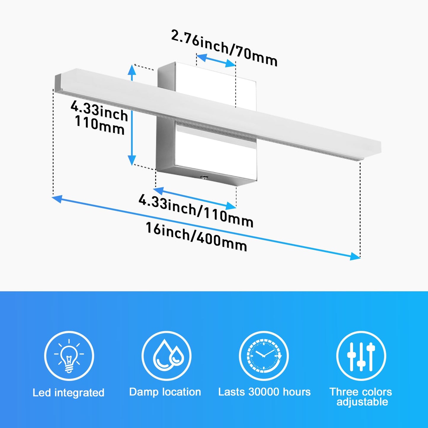 Combuh Modern Bathroom Light Fixtures Over Mirror 16 Inch IP44 9W Chrome Vanity Light Bar for Bathroom Wall Light Fixtures Cool White 6000K