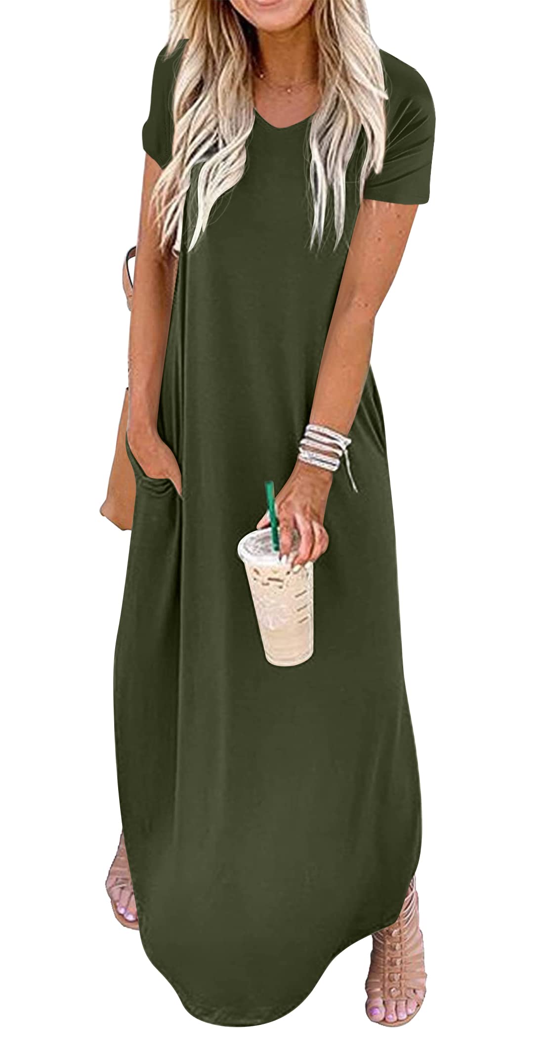 GRECERELLE Women's Casual Loose Pocket Long Dress Short Sleeve Split Maxi Dresses