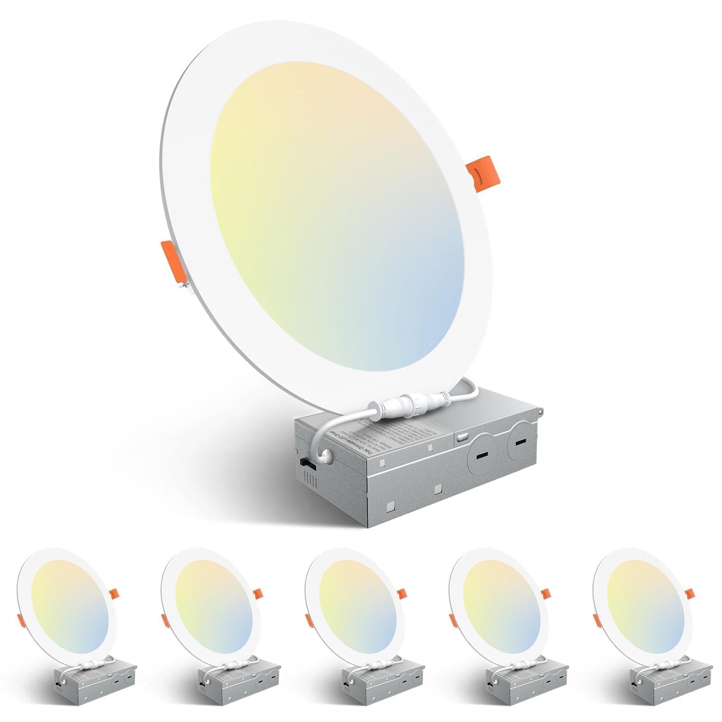 Amico 6 Pack 6 Inch 5CCT Ultra-Thin LED Recessed Ceiling Light with Junction Box, 2700K/3000K/3500K/4000K/5000K Selectable, 12W Eqv 110W 1050LM Brightness Dimmable Canless Wafer Downlight, ETL & FCC