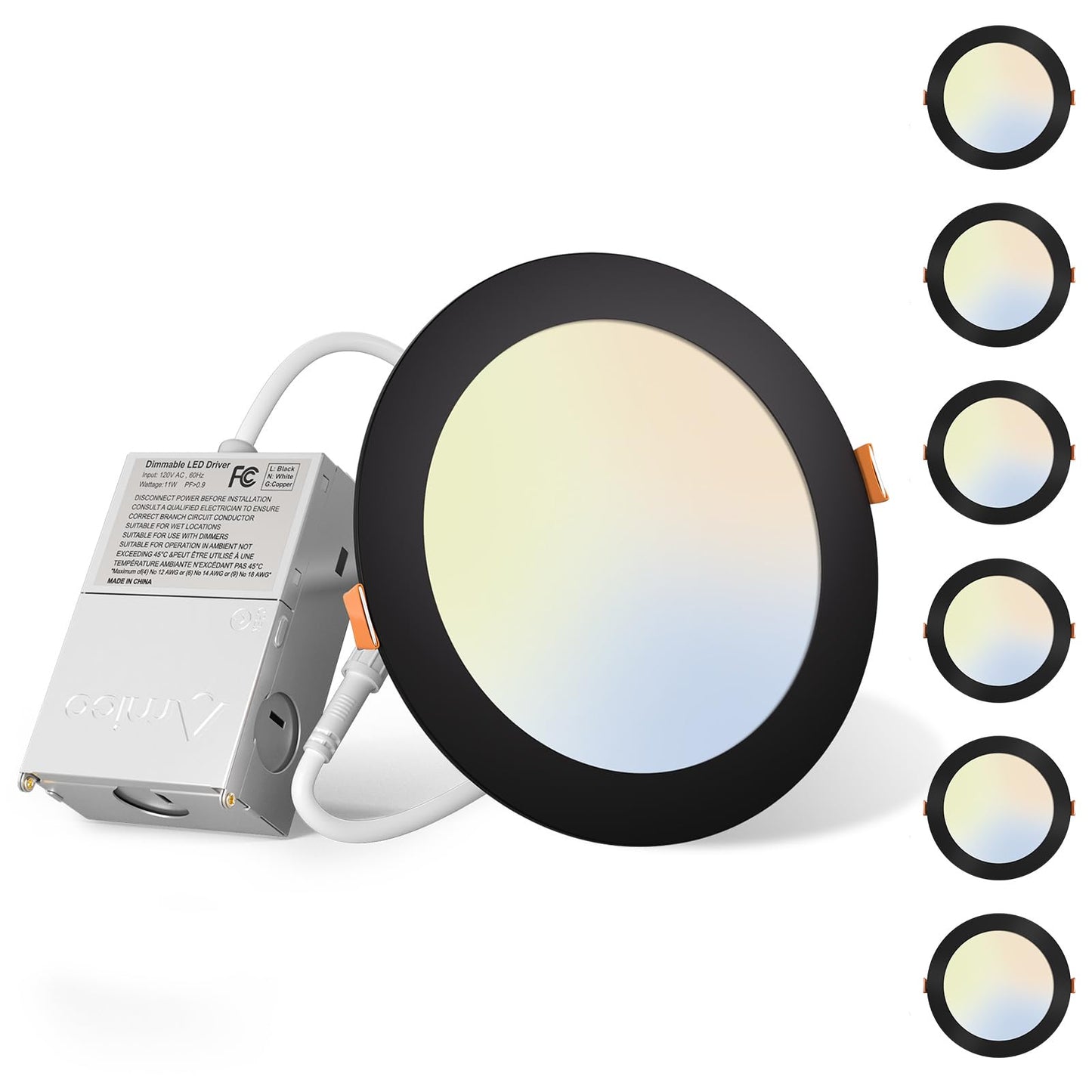 Amico 6 Pack 6 Inch 5CCT Ultra-Thin LED Recessed Ceiling Light with Junction Box, 2700K/3000K/3500K/4000K/5000K Selectable, 12W Eqv 110W 1050LM Brightness Dimmable Canless Wafer Downlight, ETL & FCC