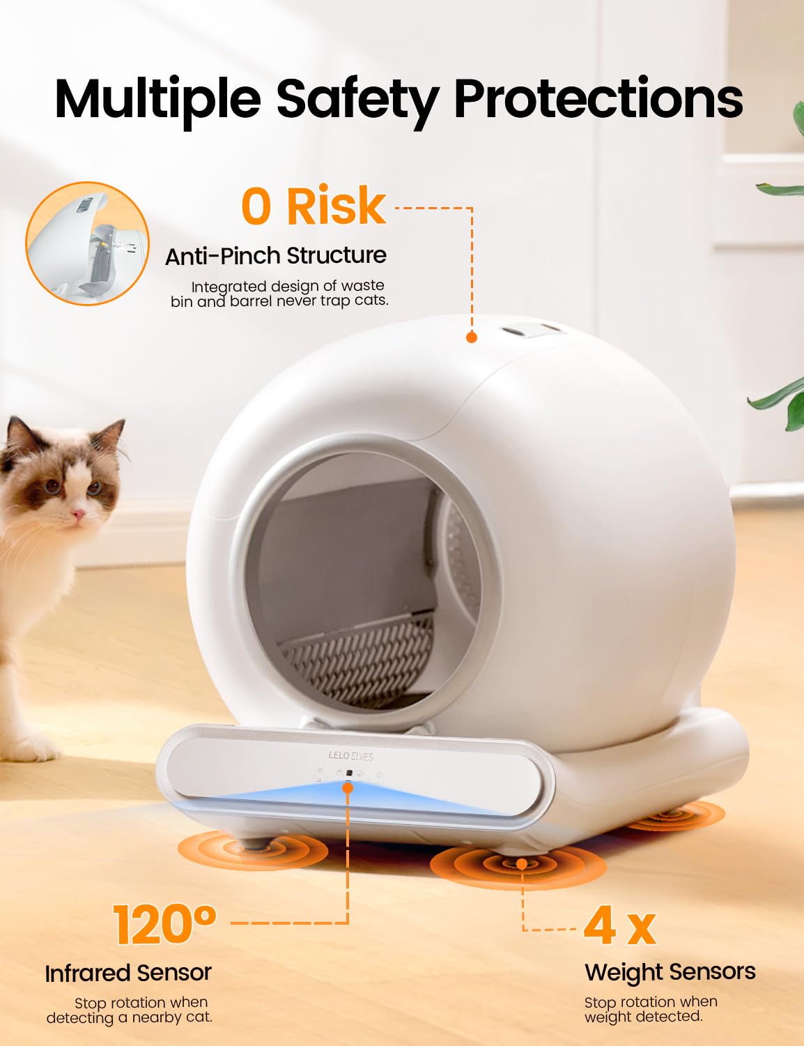 Self Cleaning Cat Litter Box, Ultra-Safe Protection Automatic Cat Litter Box, APP Control/Lower Entry/Large Capacity Cat Litter Box with 3 Rolls Liners & Mat, 65L, Gray
