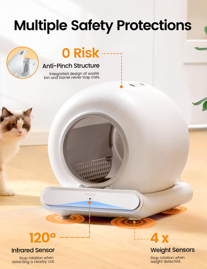 Self Cleaning Cat Litter Box, Ultra-Safe Protection Automatic Cat Litter Box, APP Control/Lower Entry/Large Capacity Cat Litter Box with 3 Rolls Liners & Mat, 65L, Gray