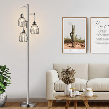 Dimmable Industrial Floor Lamps for Living Room, Gold Tree Standing Tall Lamps with 3 Elegant Teardrop Cage Head & 800 Lumens LED Bulbs for Bedroom Office