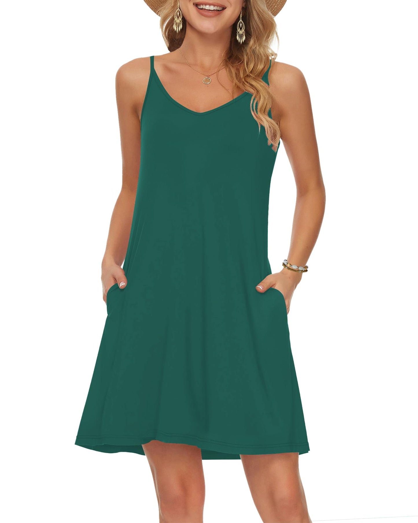 MISFAY Women's Summer Spaghetti Strap Casual Swing Tank Beach Cover Up Dress with Pockets