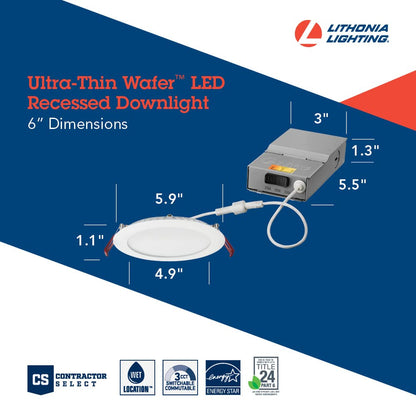 Lithonia Lighting WF4 LED 27K30K35K 90CRI MB M6 Recessed Wafer Downlight with Ultra Thin Round Trim, Color Temperature Selectable, 2700K | 3000K | 3500K, 4-Inch, Matte Black
