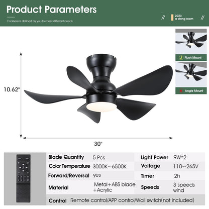Ceiling Fans with Lights and Remote/APP Control, 30 inch Low Profile Ceiling Fans with 5 Reversible Blades 3 Colors Dimmable 6 Speeds Ceiling Fan for Bedroom Kids Room Dining Room, Black