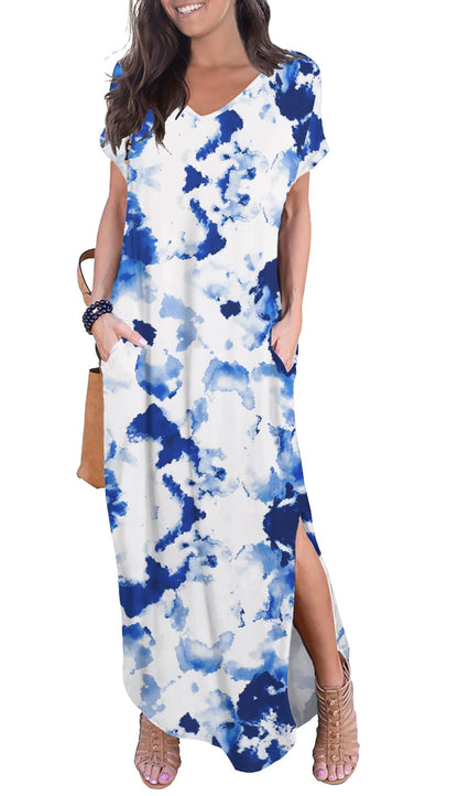 GRECERELLE Women's Casual Loose Pocket Long Dress Short Sleeve Split Maxi Dresses