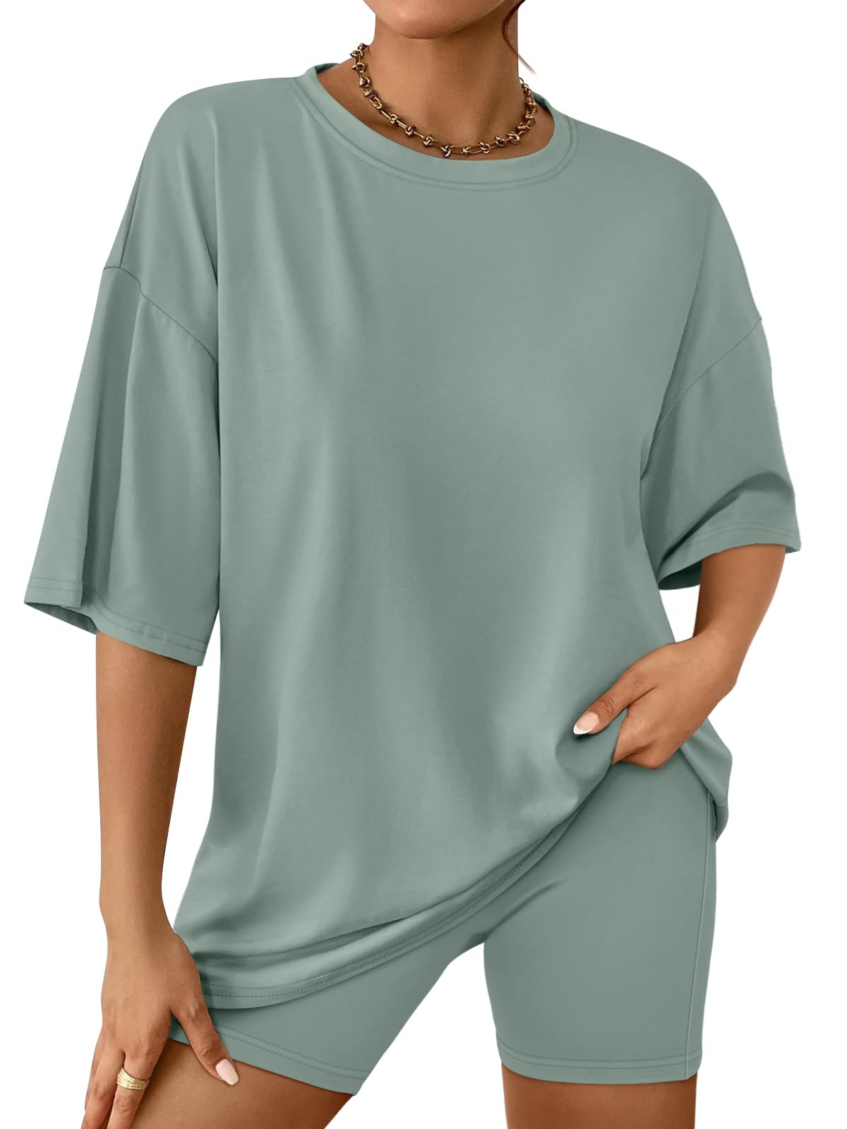 AUTOMET Womens 2 Piece Sets Summer Outfits 2025 Two Piece Lounge Set Matching Clothing Oversized Tshirts Biker Short Fashion