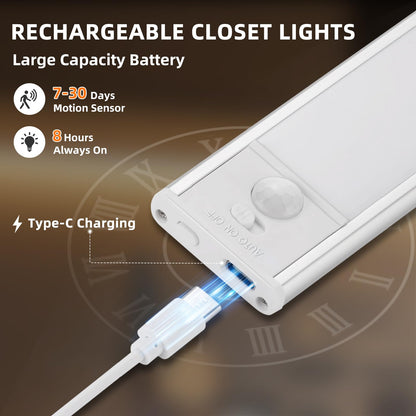 Under Cabinet Lighting Wireless, 54 LED Motion Sensor Light Indoor, 3 Color Dimmable Closet Lights Battery Operated, Rechargeable Magnetic Light, Under Counter Lights for Kitchen, Stairs, Home (3Pack)