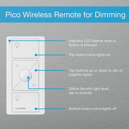 Lutron Pico Remote for Caseta Smart Dimmer Switch, 3-Button Control with Raise/Lower and Preset Lighting Level, For Table Top or Wallmount Use, PJ2-3BRL-WH-L01R, White