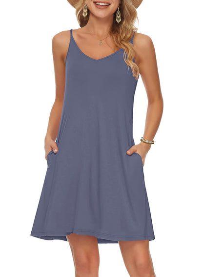 MISFAY Women's Summer Spaghetti Strap Casual Swing Tank Beach Cover Up Dress with Pockets