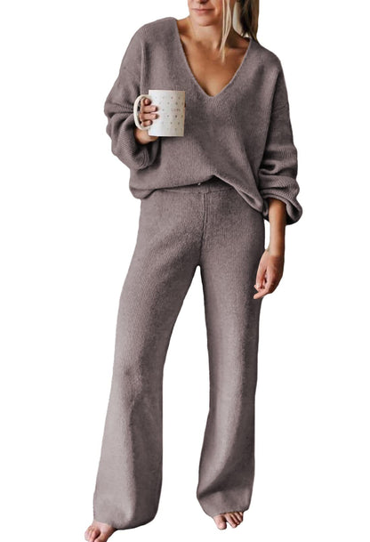 Viottiset Women's 2 Piece Outfits Casual V Neck Knit Wide Leg Sweater Lounge Set Sweatsuit