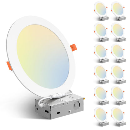 Amico 12 Pack 6 Inch 5CCT Ultra-Thin LED Recessed Ceiling Light with Junction Box, 1050LM Brightness, Dimmable Canless Wafer Downlight, 12W, ETL&FCC