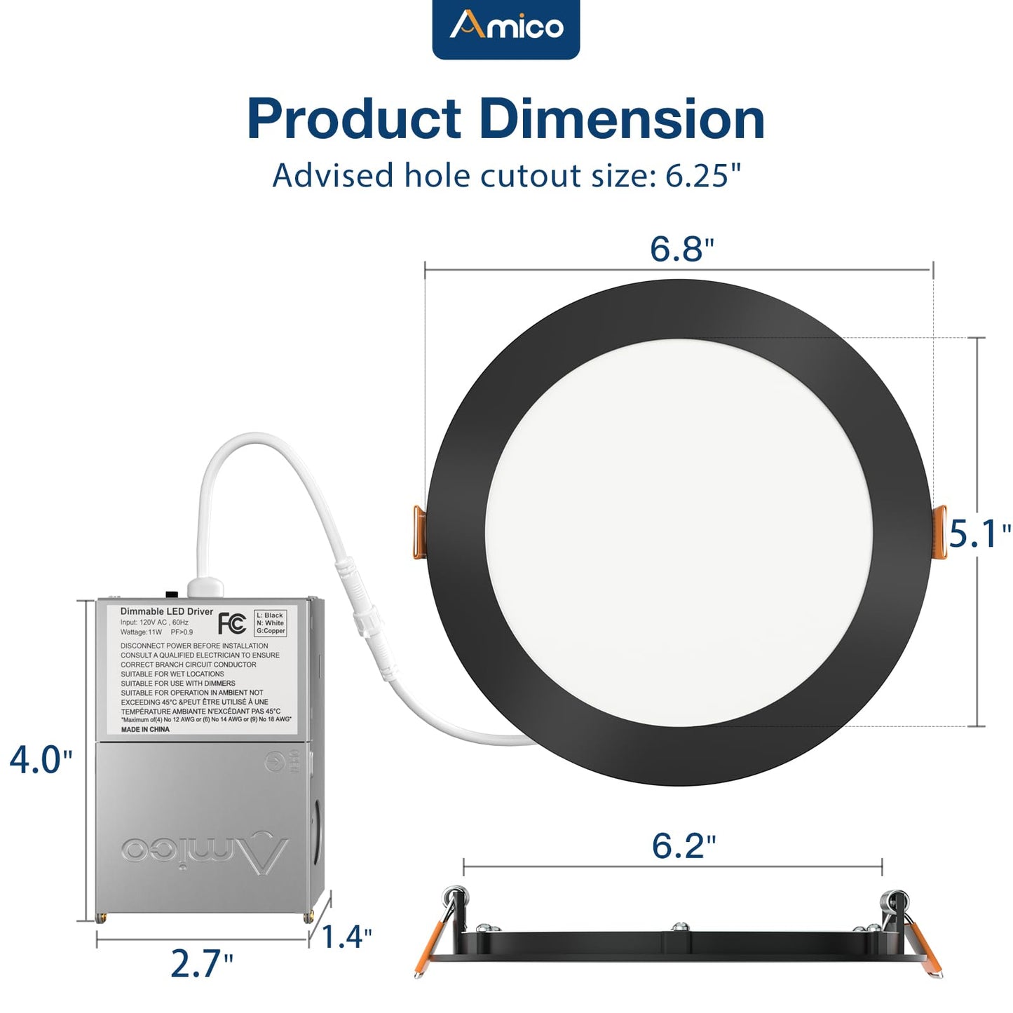 Amico 6 Pack 6 Inch 5CCT Ultra-Thin LED Recessed Ceiling Light with Junction Box, 2700K/3000K/3500K/4000K/5000K Selectable, 12W Eqv 110W 1050LM Brightness Dimmable Canless Wafer Downlight, ETL & FCC