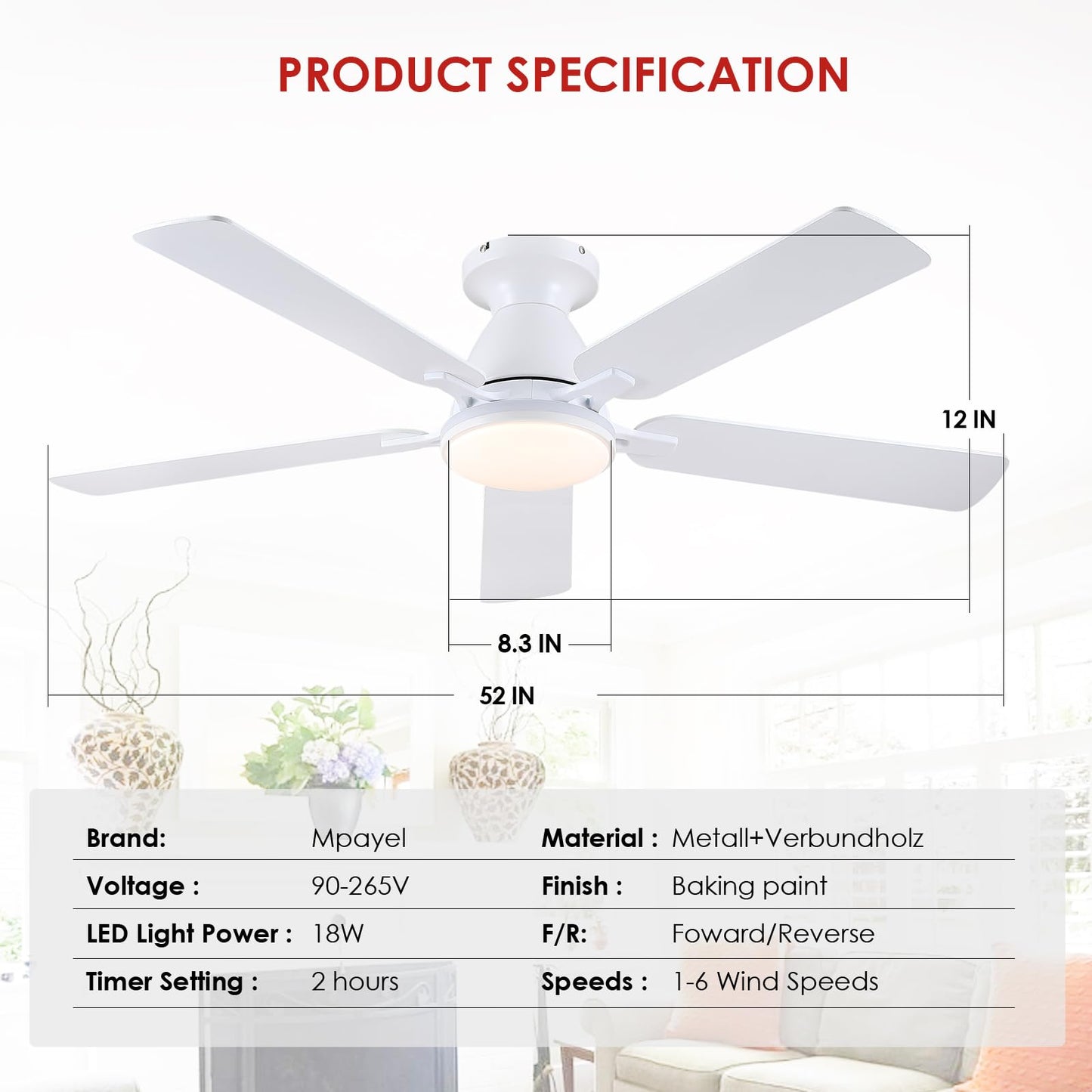 Ceiling Fans with Lights- 52" Low Profile Indoor Ceiling Fan with Light and Remote/APP Control, Flush Mount, LED Dimmable DC Reversible Modern Ceiling Fan for Bedroom（Black）