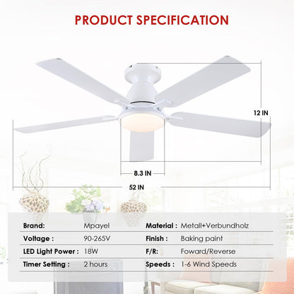 Ceiling Fans with Lights- 52" Low Profile Indoor Ceiling Fan with Light and Remote/APP Control, Flush Mount, LED Dimmable DC Reversible Modern Ceiling Fan for Bedroom（Black）