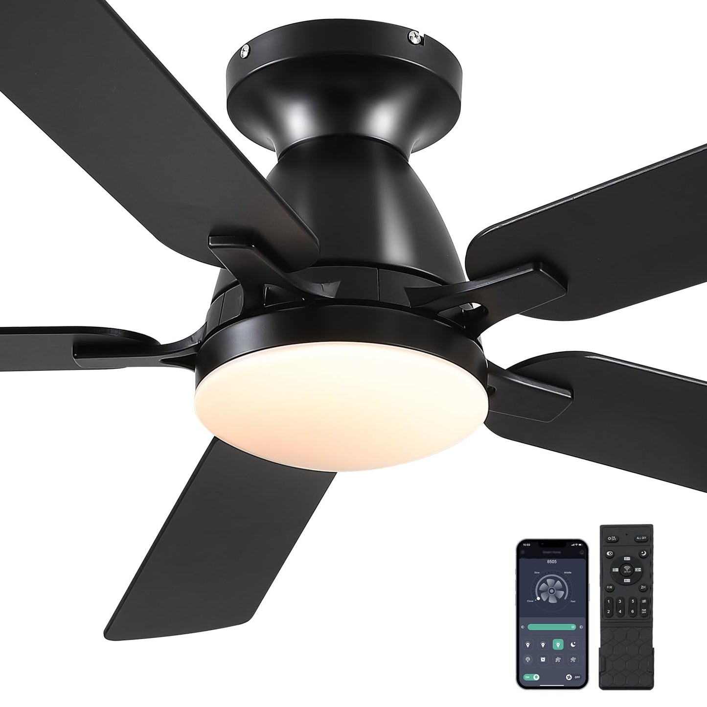 Ceiling Fans with Lights- 52" Low Profile Indoor Ceiling Fan with Light and Remote/APP Control, Flush Mount, LED Dimmable DC Reversible Modern Ceiling Fan for Bedroom（Black）
