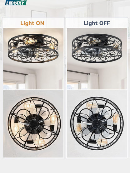 Caged Ceiling Fans with Lights, Black Flush Mount Ceiling Fan with