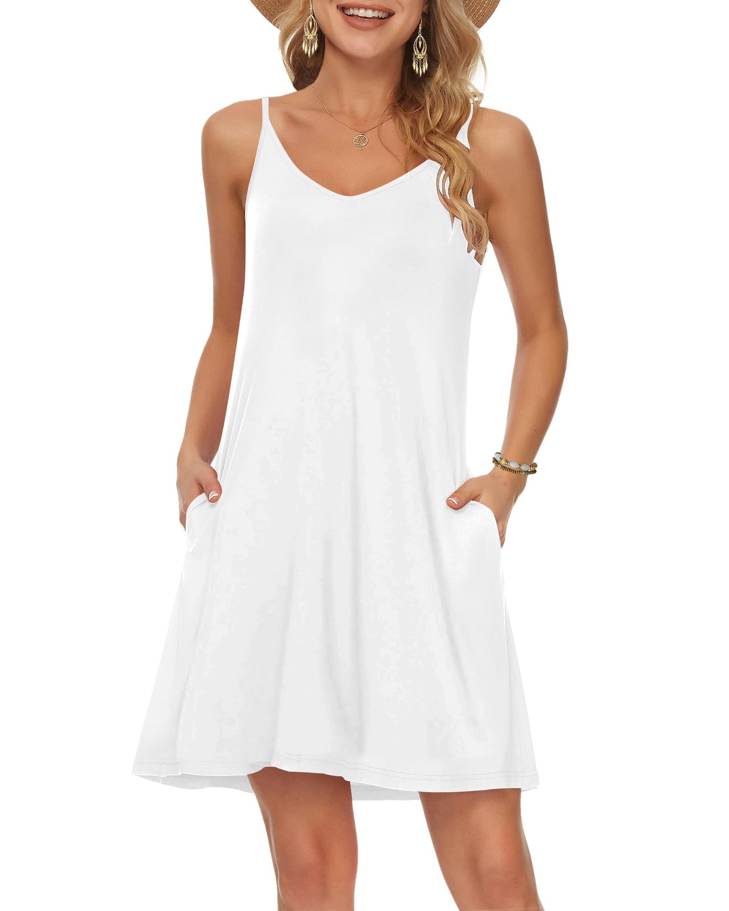 MISFAY Women's Summer Spaghetti Strap Casual Swing Tank Beach Cover Up Dress with Pockets